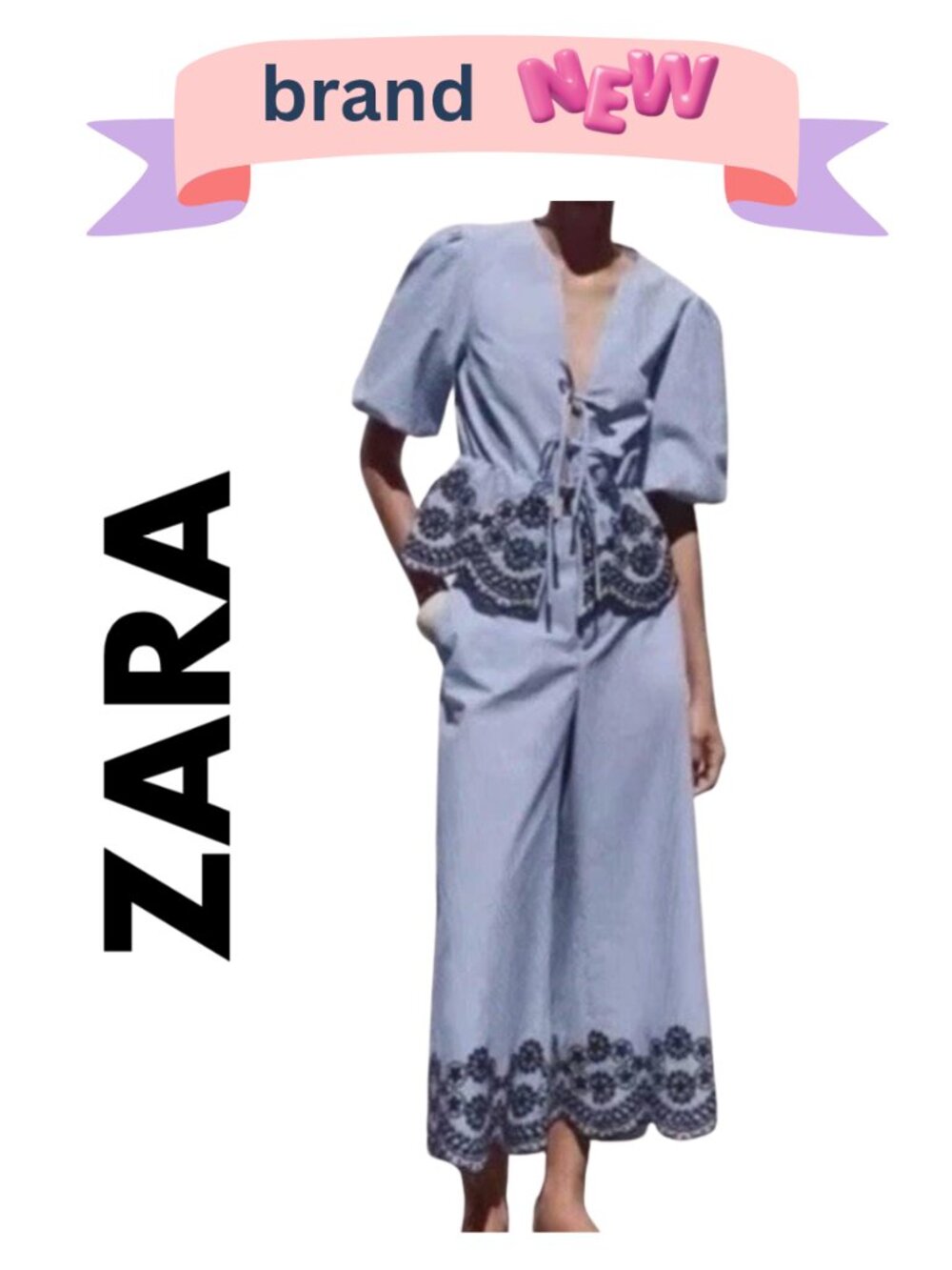 ZARA Eyelet Set Embroidered Blue Stripe Top & Pants Size Medium New w/Tags